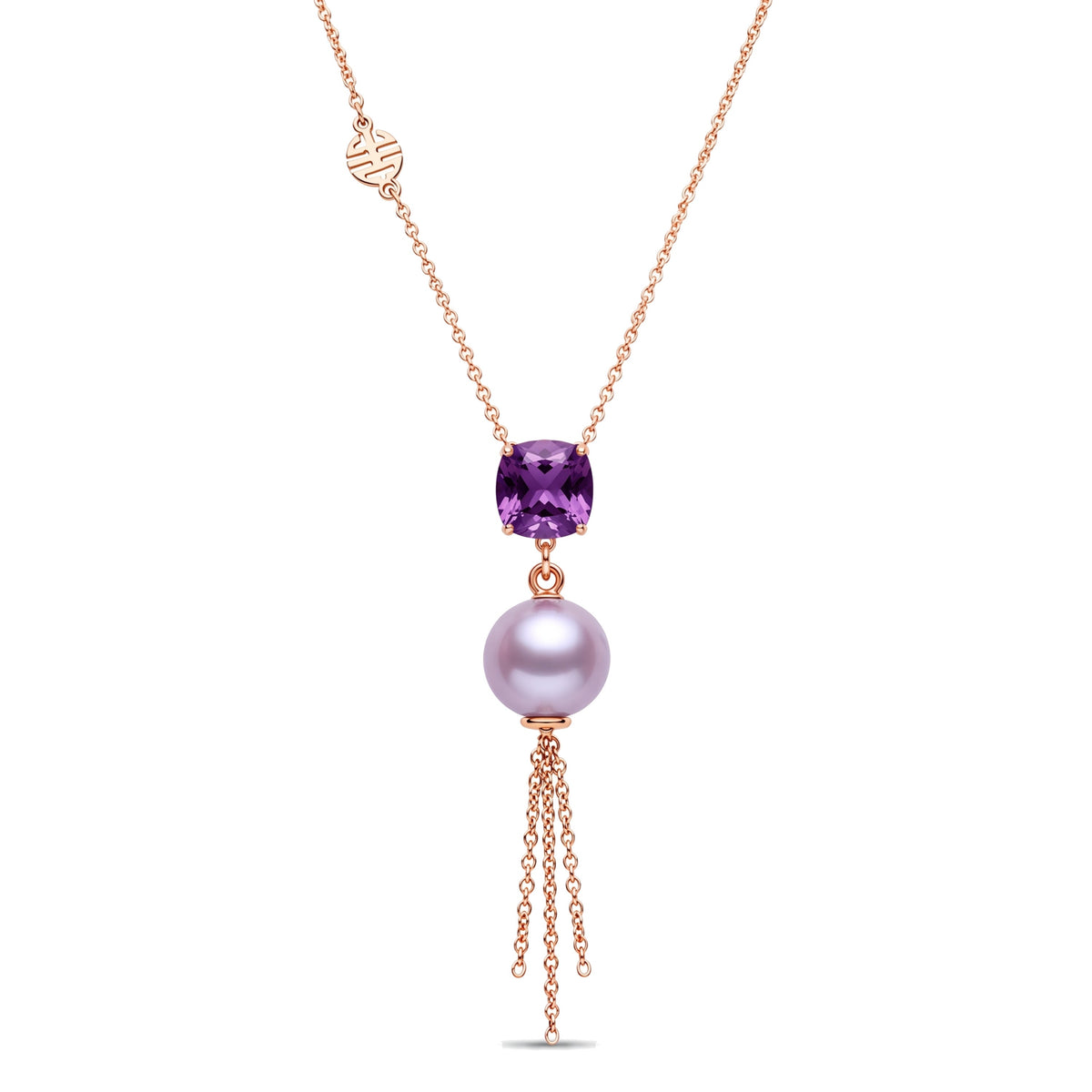 Pendente Shanti in oro rosa 18k con perla Freshwater viola 8-8 mm e ametista — MIMÍ Milano