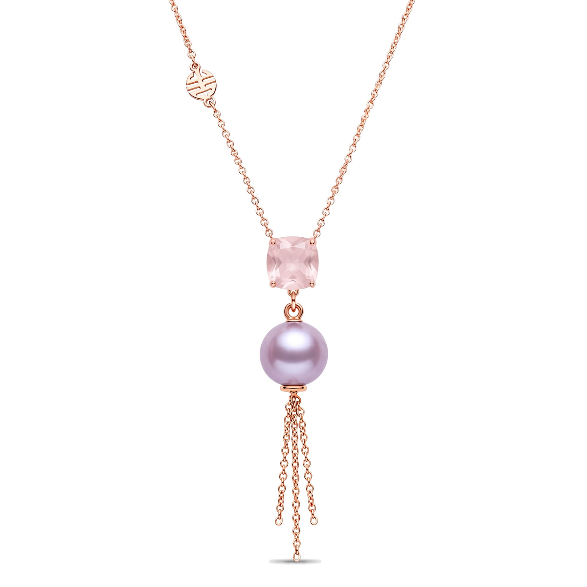 Pendente Shanti in oro rosa 18k con perla Freshwater viola 8-8 mm e quarzo rosa — MIMÍ Milano