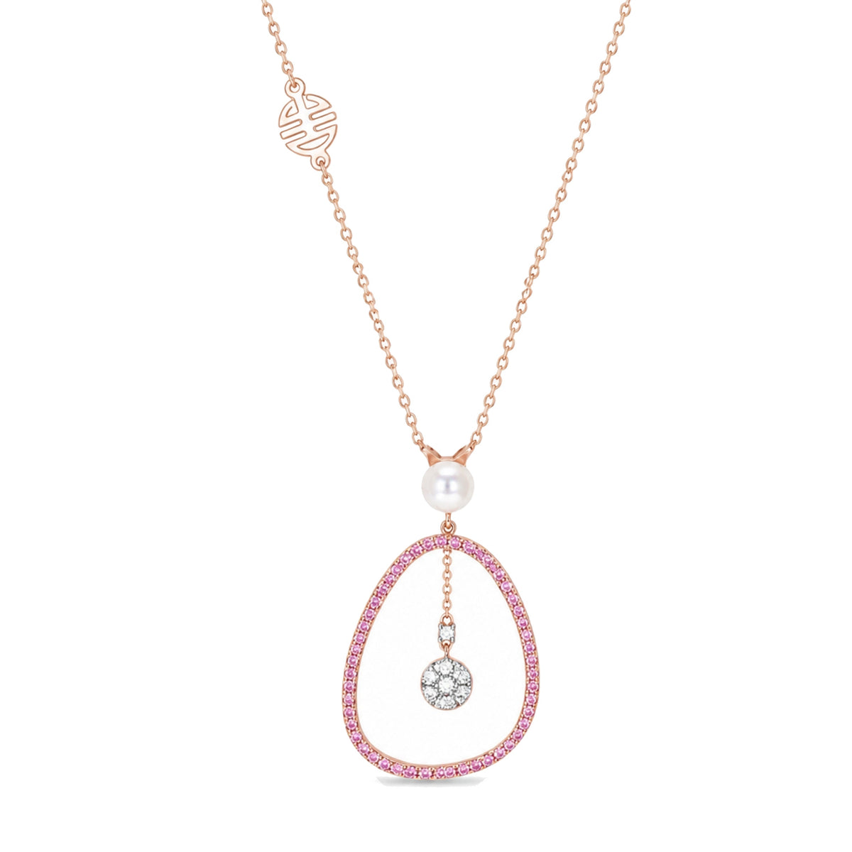 Pendente Vivienne in oro rosa 18k con perla Akoya bianca 5,5-6 mm e zaffiro rosa e diamanti — MIMÍ Milano
