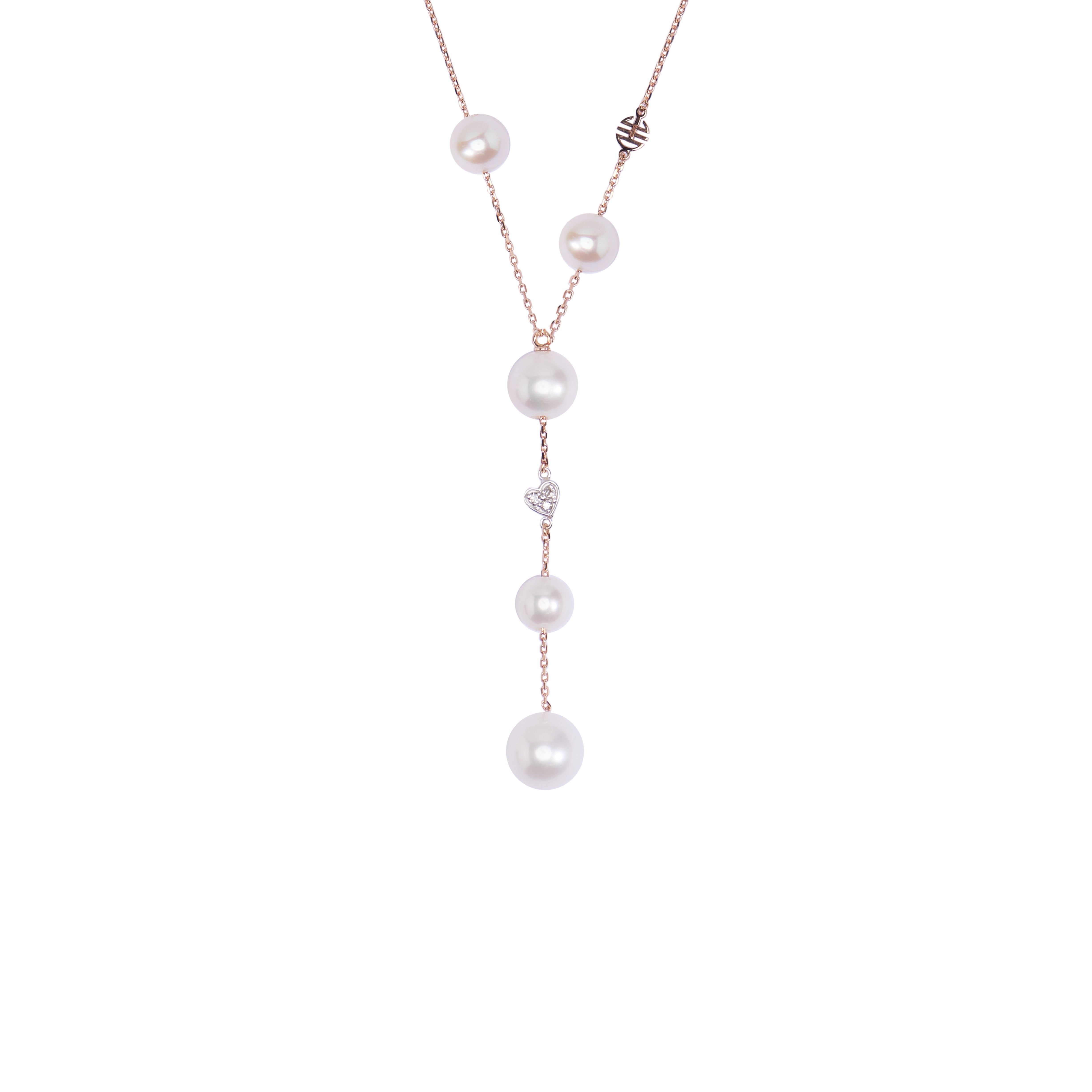 Collana a Y con perle bianche e cuore di diamanti
